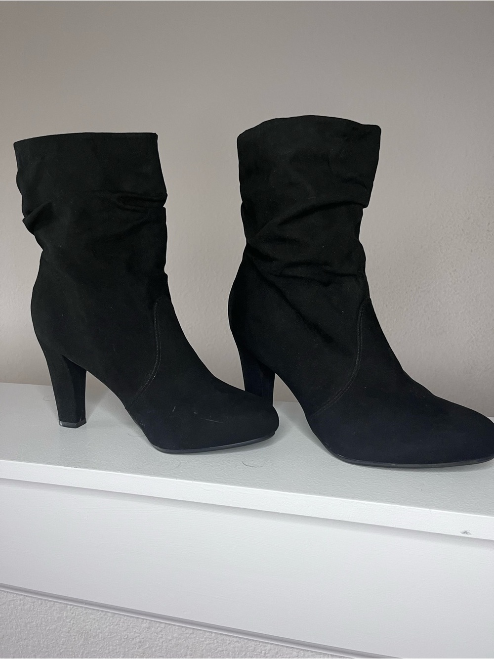 Express Black Suede-Look Slouchy Mid-Calf Heeled Boots